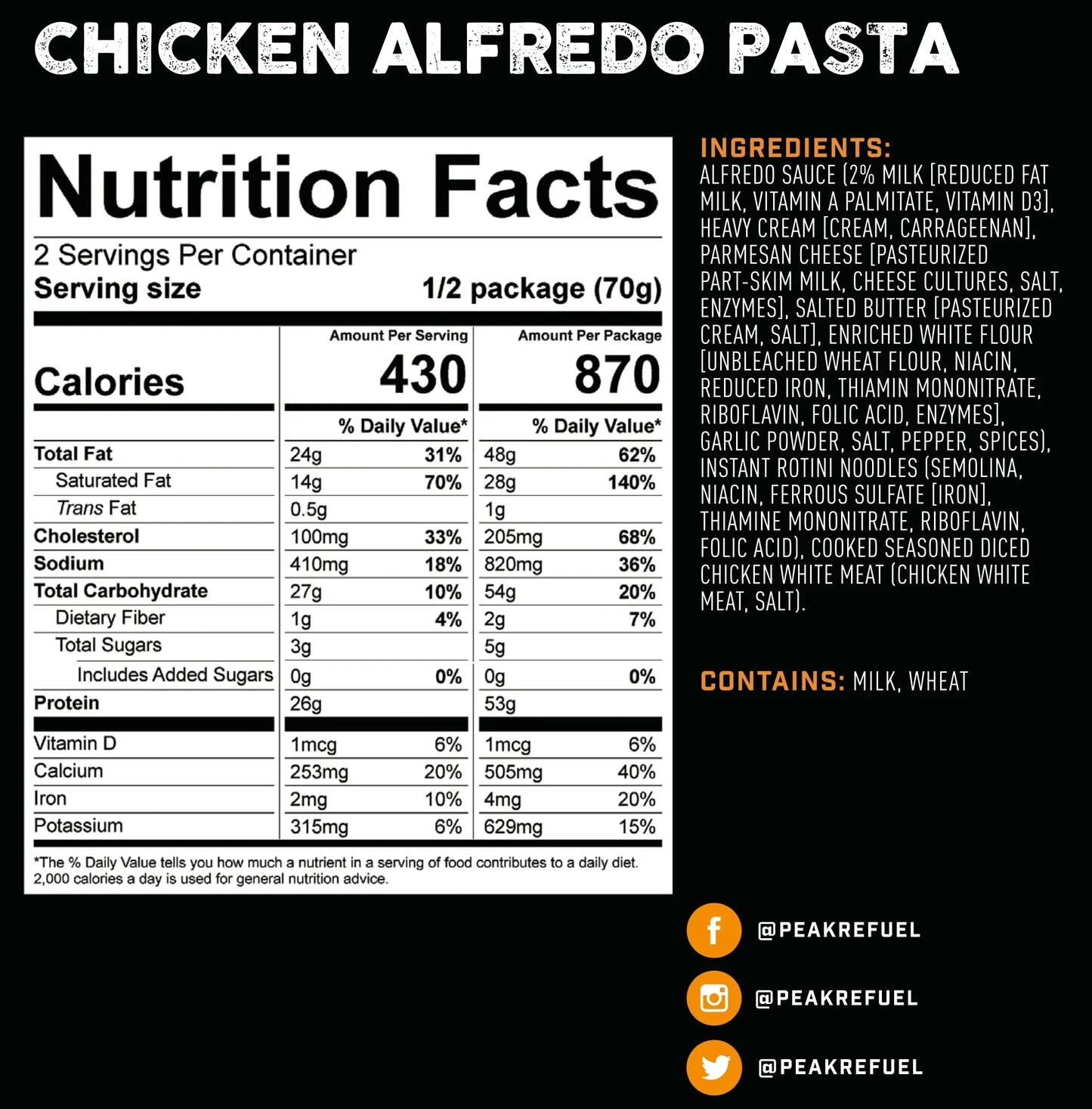 PEAK REFUEL - CHICKEN ALFREDO PASTA - RTG Supply Co