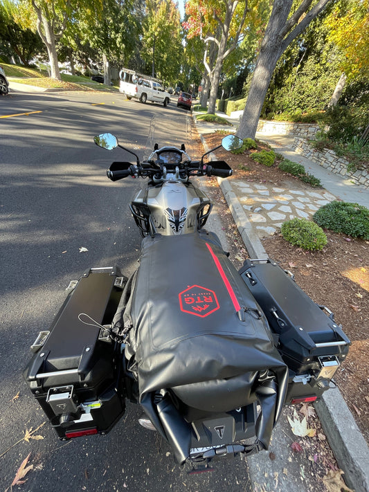 Motorcycle with the RTG Survival Kit strapped down
